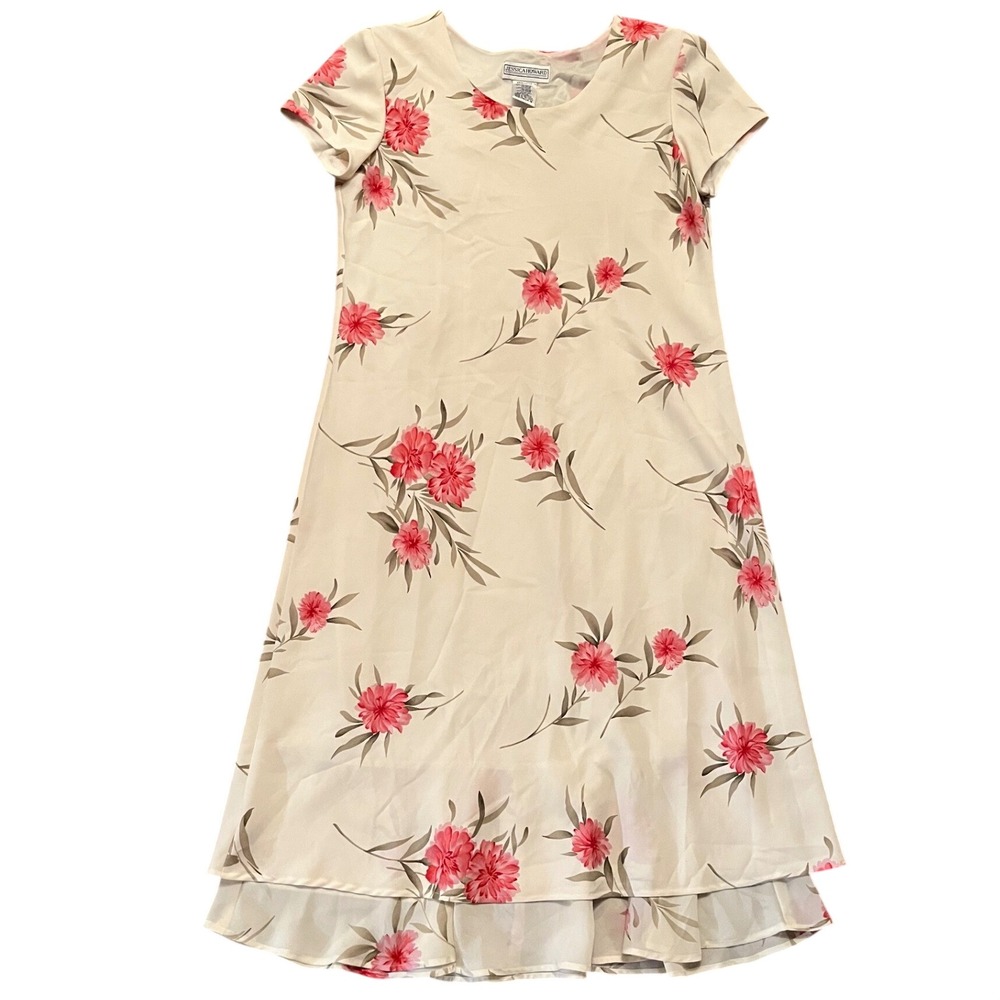 Vintage Jessica Howard Floral Dress Womens Cream Pink Tiered Ruffle Midi Size 18